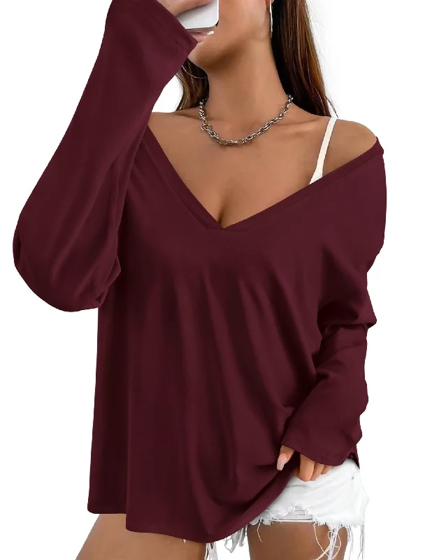 PRETTYGARDEN Women's Basic T Shirts Casual Long Sleeve V Neck Loose Fit Plain Tunic Tees Tops Blouse (Wine Red,Large)TunicTopHive