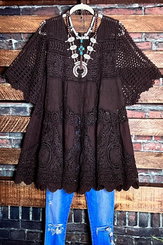 A FAIRYTALE PRETTY UNIQUE 100% COTTON CROCHET LACE TUNIC IN BROWNTunicTopGladiator