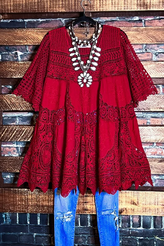 A FAIRYTALE PRETTY UNIQUE 100% COTTON CROCHET LACE TUNIC IN REDTunicTopZen