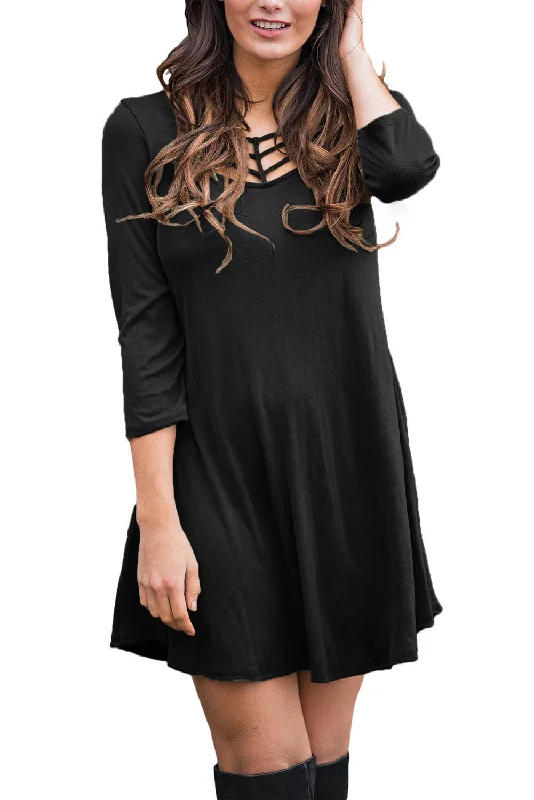 Black Cage Neckline 3/4 Sleeves Tunic DressTunicTopEcho