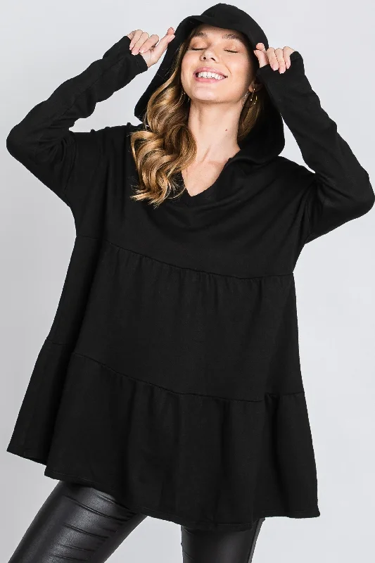 BLACK FRECH TERRY LONG SLEEVES TIERED TUNIC HOODIE TOP SO3321TTunicTopUltra