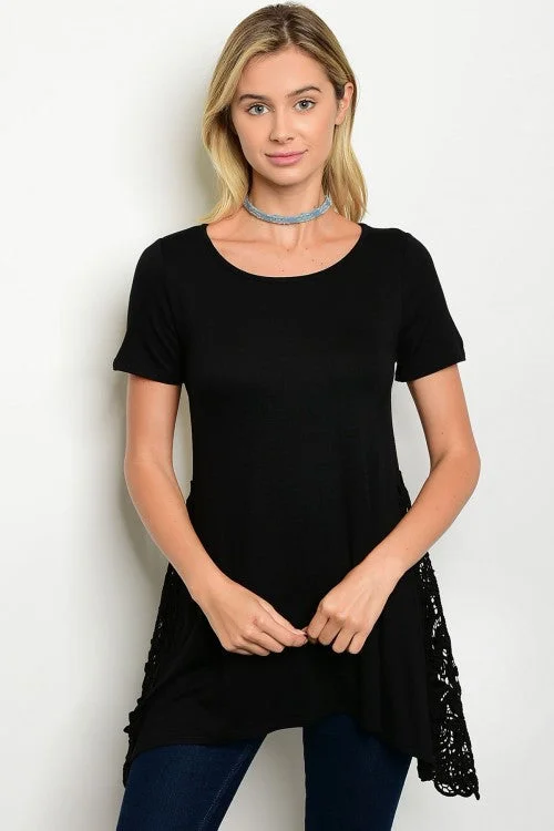 Black Short Sleeve Side Lace Detail Tunic TopTunicTopCrystal