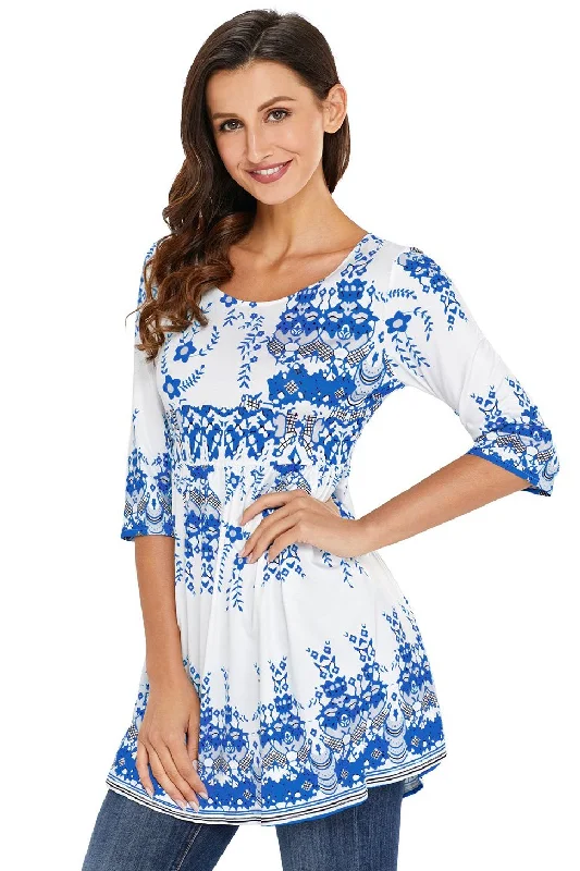 Blue Floral Print White 3/4 Sleeve Stretch Tunic TopTunicTopAqua