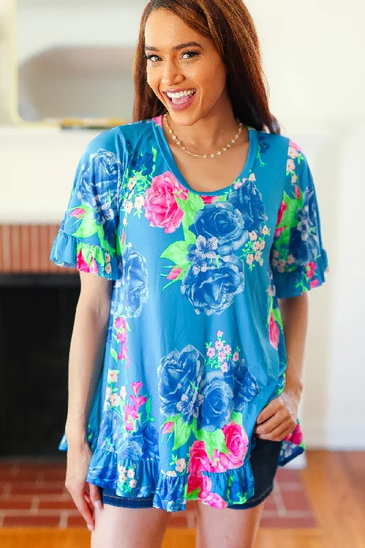 Feeling Playful Blue Floral Ruffle Sleeve & Hem Tunic TopTunicTopOasis