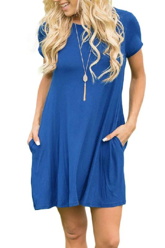 Royal Blue Short Sleeve Flared Pocket Tunic DressTunicTopSpark