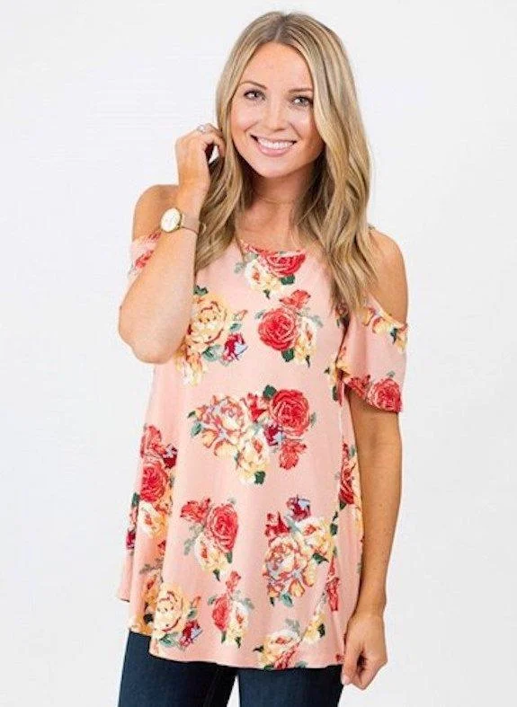 Blush Red Floral Loose Cold Shoulder Tunic TopTunicTopPirate