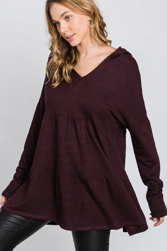 BURGUNDY FRECH TERRY LONG SLEEVES TIERED TUNIC HOODIE TOP SO3321TTunicTopPlus