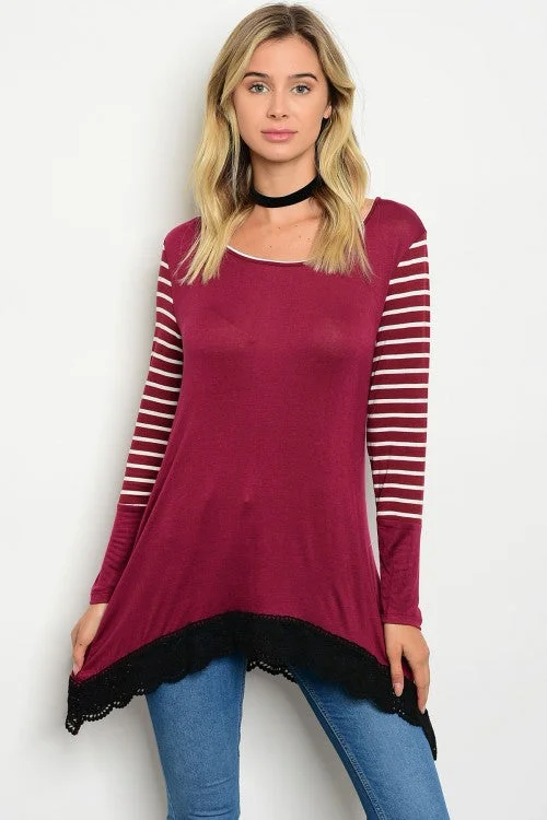 Burgundy Scoop Neck White Striped Long Sleeve Tunic TopTunicTopPinnacle