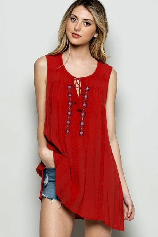 Rusty Red Embroidered Tassel Tunic Top with Crochet Lace DetailTunicTopSamurai