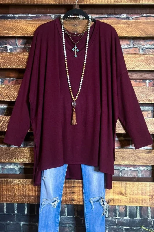 FOREVER PERFECTLY SIMPLE & OVERSIZED DARK BURGUNDY T-TUNICTunicTopHalo