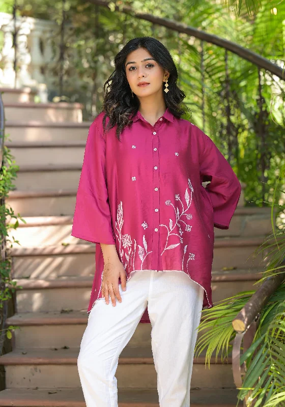 Fuchsia Thread Embroidered Chanderi Tunic With Button ClosureTunicTopExplorer