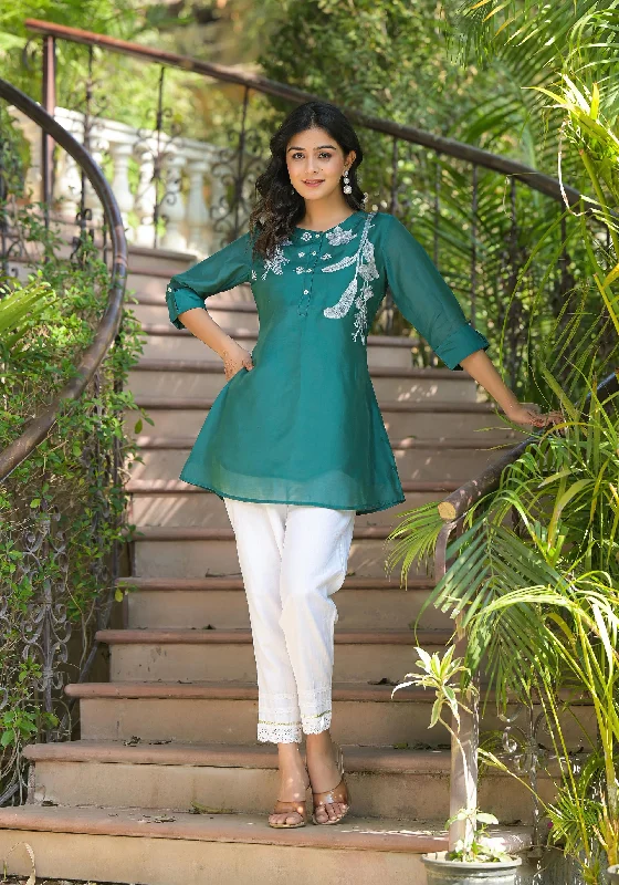 Green Solid Chanderi Tunic With Thread Work & ButtonsTunicTopHydra