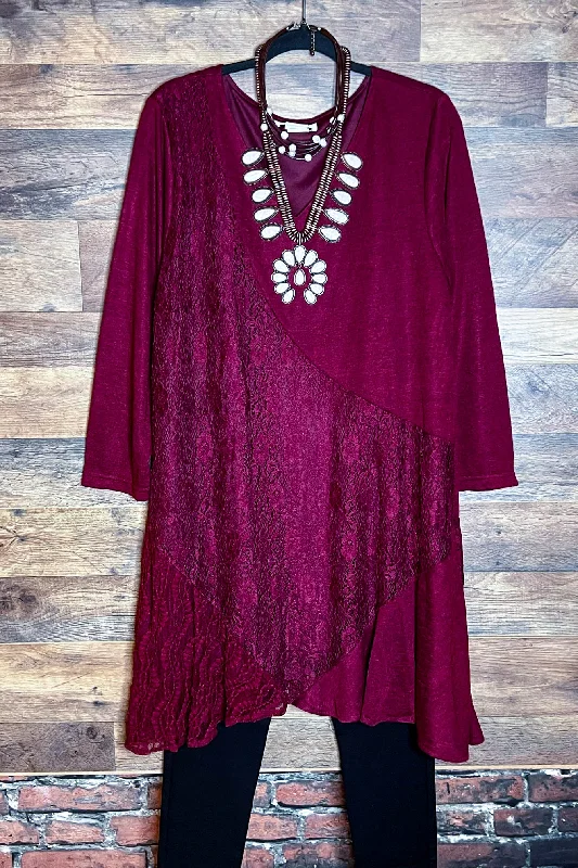 I'M ETERNALLY YOURS BURGUNDY LACE EMBELLISHED DRESS TUNICTunicTopGalaxy