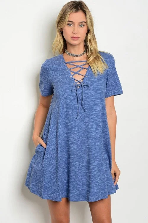 Indigo Lace Up V-Neck Tunic DressTunicTopGalaxy