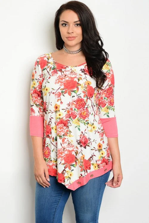 Ivory Floral Print Coral 3/4 Sleeve Tunic Top - Plus SizeTunicTopLite