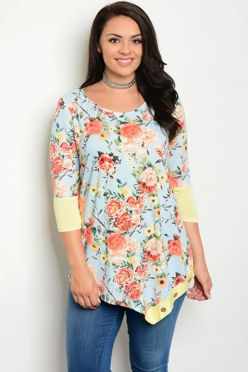 Light Blue Floral Print Yellow 3/4 Sleeve Tunic Top - Plus SizeTunicTopElite