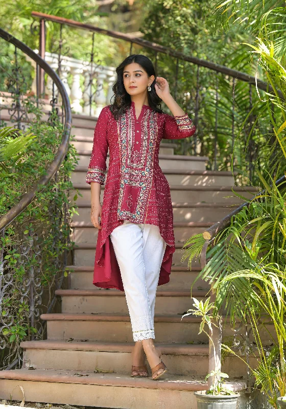 Maroon Bandhani Printed Liva Rayon Tunic With Sequins & Thread WorkTunicTopNinja