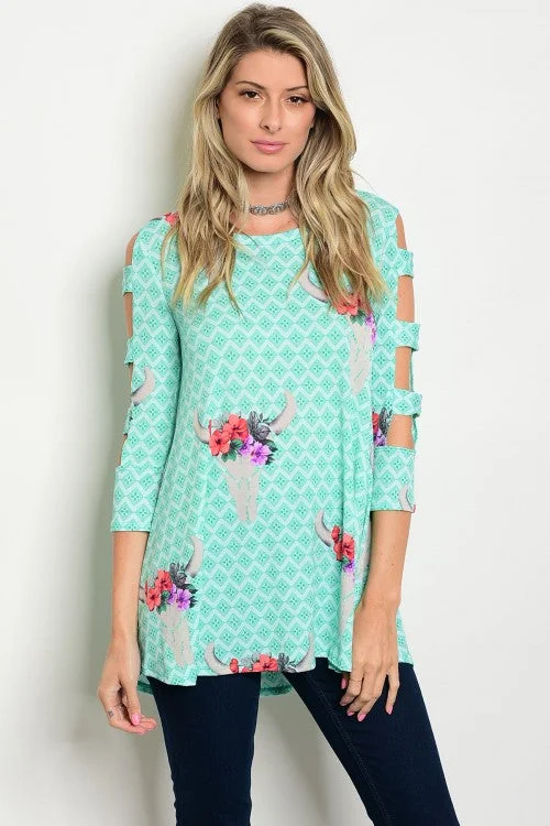 Mint Printed Cut Out 3/4 Sleeve Jersey Tunic TopTunicTopMesa