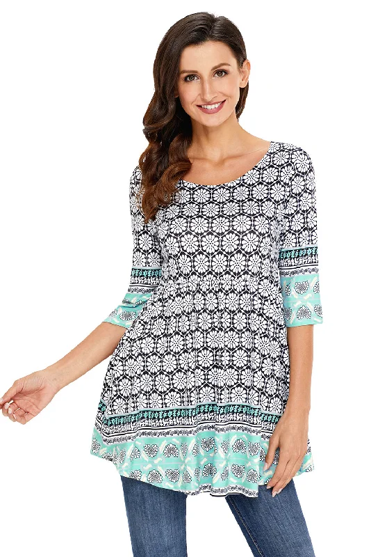 Mint Splice Accent Floral Print 3/4 Sleeve Stretch Tunic TopTunicTopJade