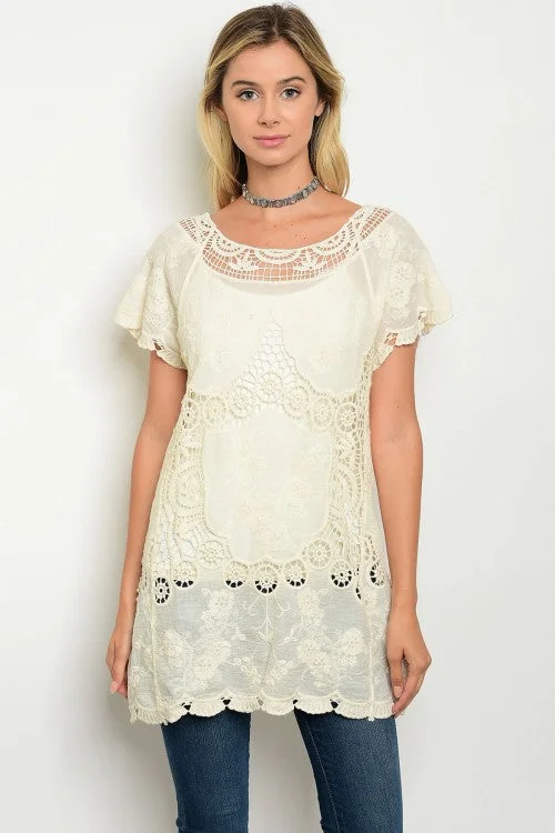 Natural Short Sleeve Crochet Lace Tunic TopTunicTopSummit