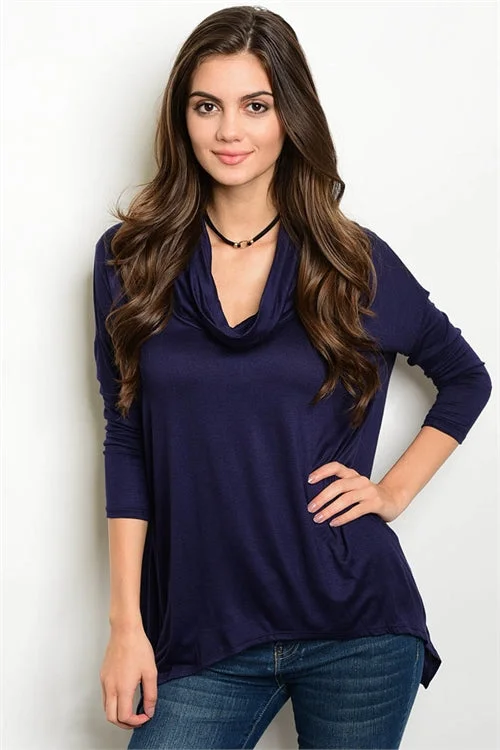 Navy 3/4 sleeve Drape Cowl Neck Jersey Tunic TopTunicTopMarine