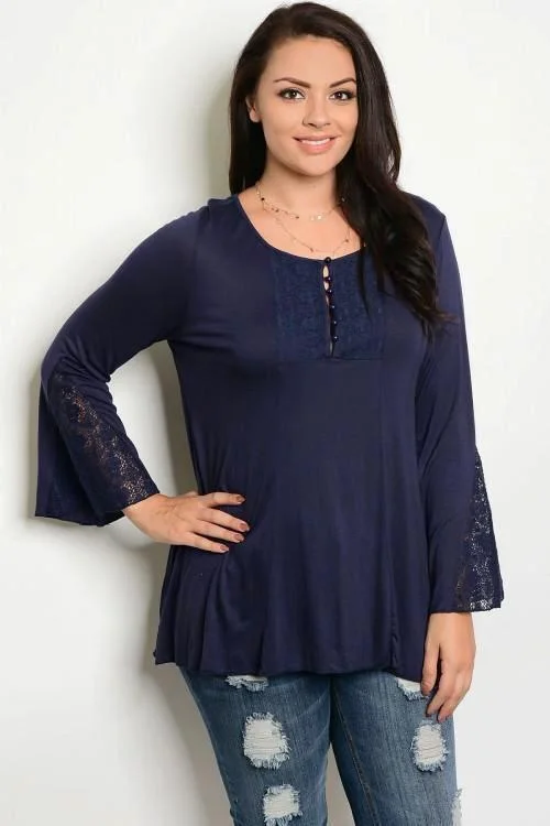 Navy Lace Detail Long Sleeve Tunic Top - Plus SizeTunicTopPro