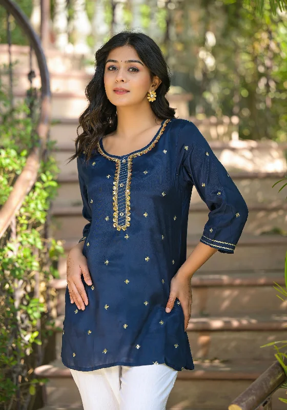 Navy Zari Embroidered Viscose Tunic With SequinsTunicTopSpartan