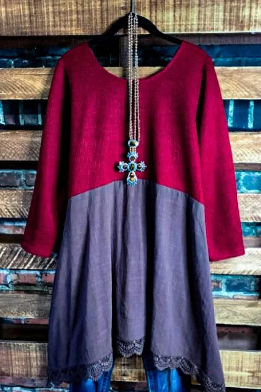 NEW BEGINNINGS EMPIRE WAIST DRESS TUNIC BROWN & CRIMSONTunicTopElite