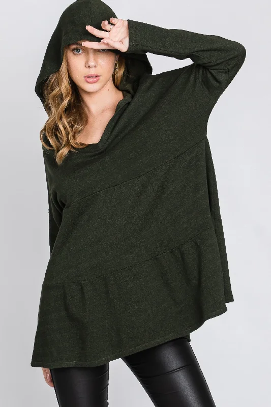 OLIVE FRECH TERRY LONG SLEEVES TIERED TUNIC HOODIE TOP SO3321TTunicTopRonin