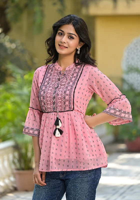 Peach Ethnic Motif Printed Georgette Tunic With Sequins & DorisTunicTopPlus