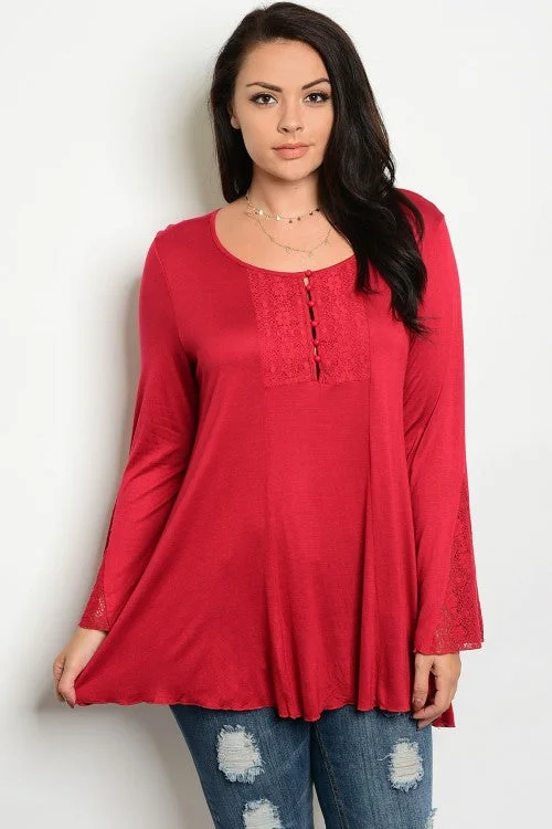 Red Lace Detail Long Sleeve Tunic Top - Plus SizeTunicTopAdventurer