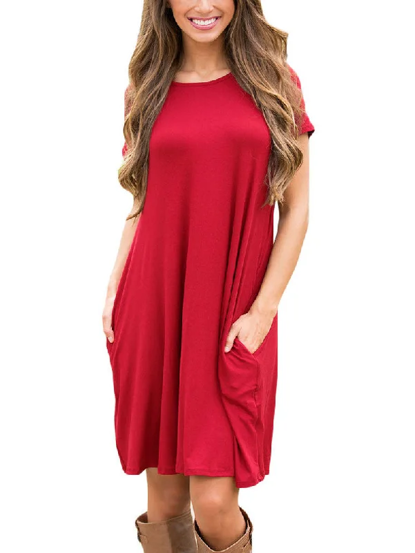 Red Short Sleeve Flared Pocket Tunic DressTunicTopUnicorn