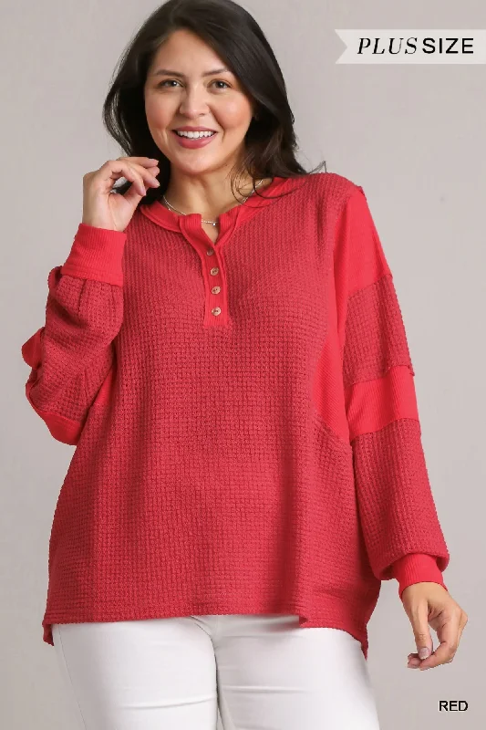 Umgee Red Henley Waffle Knit Tunic With Contrast Details PlusTunicTopCrest