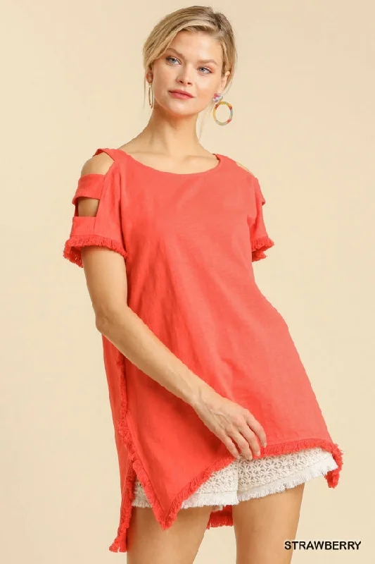 Umgee Short Sleeve High Low Tunic Top with Fringed HemsTunicTopSamurai