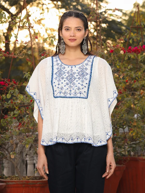 Juniper White Viscose Dobby Kaftan Tunic With Blue Thread EmbroideryTunicTopSolar